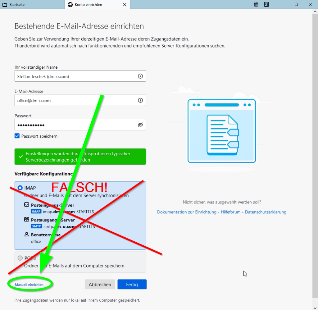 Thunderbird Einrichtung - falsche Serverdaten werden erkannt