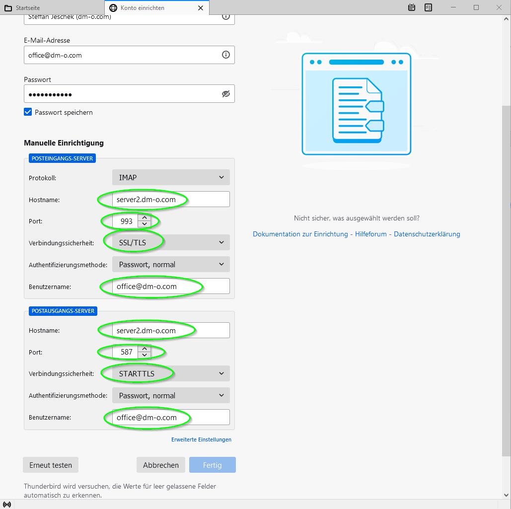 Thunderbird manuelle Einrichtung der Serverdaten für SMTP und IMAP